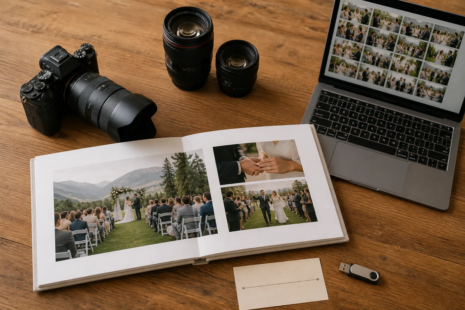 Wedding photography package with camera, printed album, photo gallery and planning materials