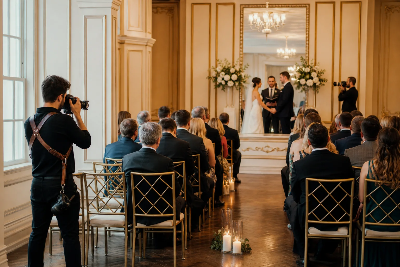 Two professional photographers covering different angles of a wedding ceremony