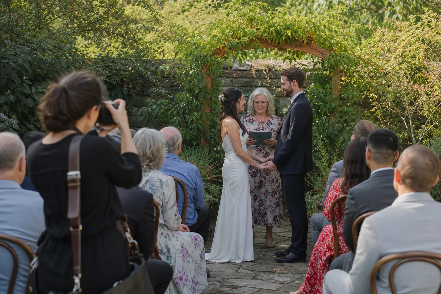 Professional photographer covering an intimate wedding ceremony with a small guest group