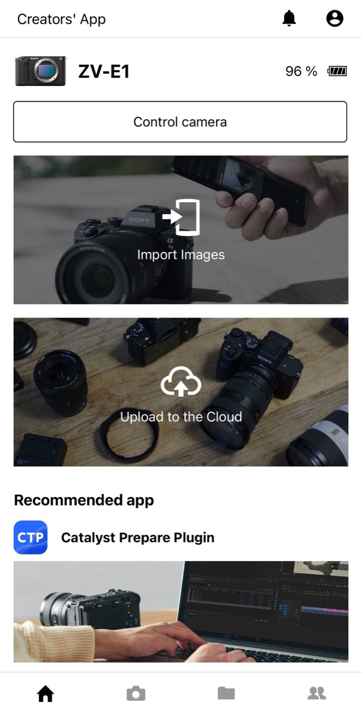 Sony Creators' App screen showing camera control and image import options