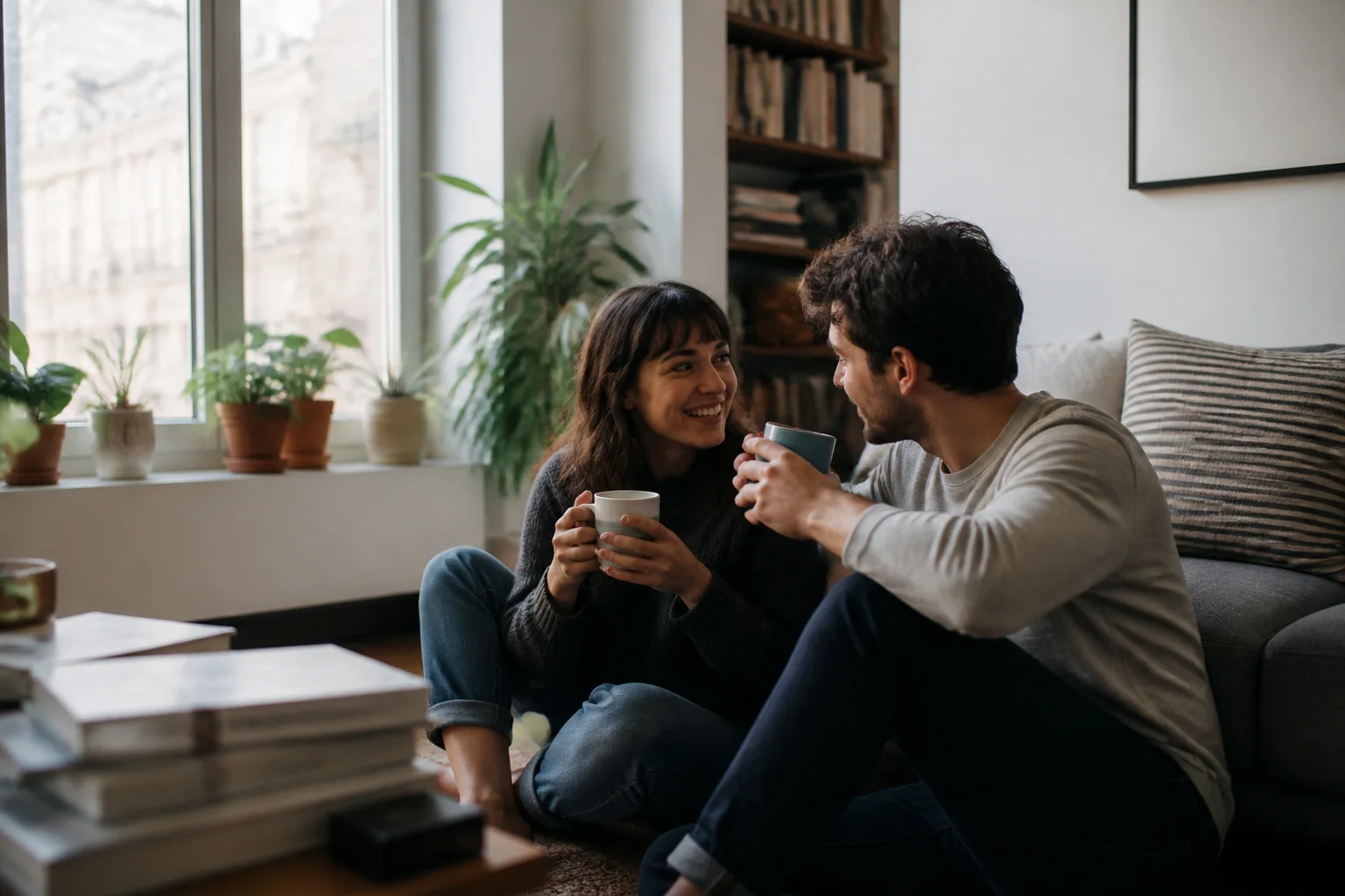 Engaged couple sharing coffee during a relaxed morning photo session at home