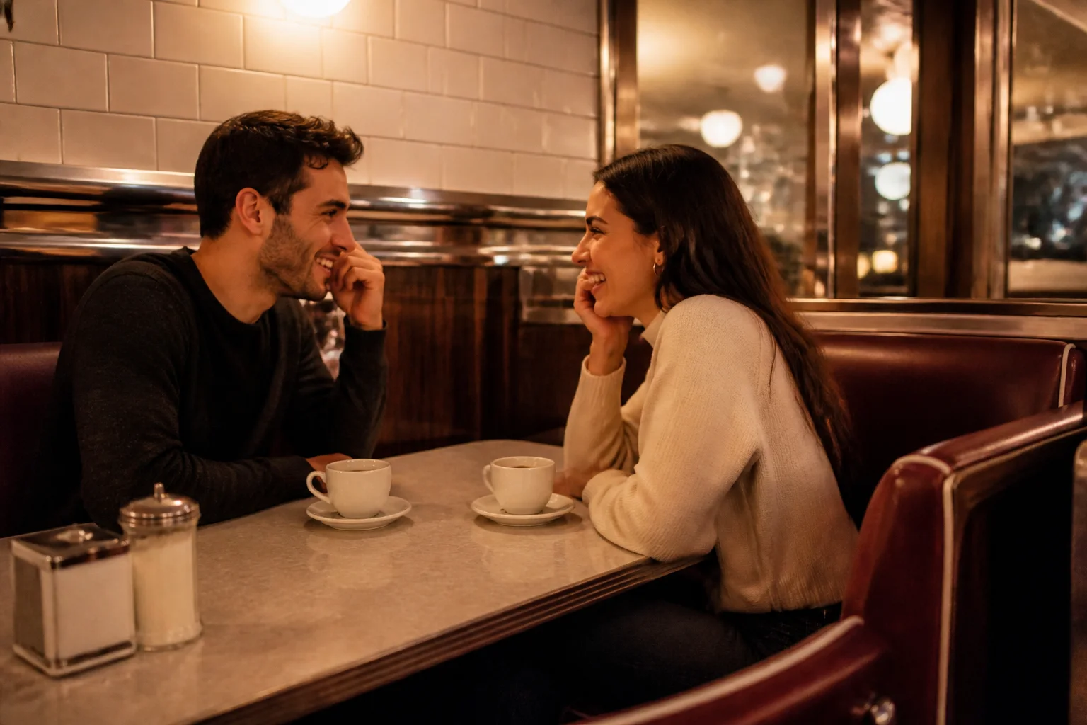 Engaged couple revisiting a cozy diner for first-date-inspired photographs