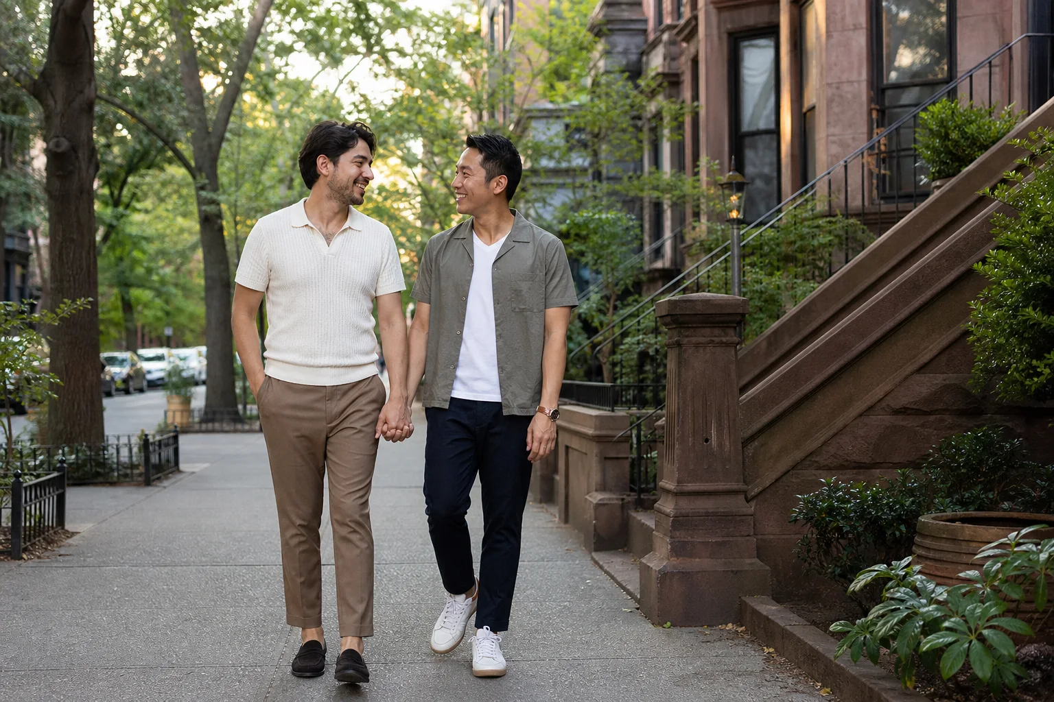 Engaged couple walking together through their favorite residential neighborhood