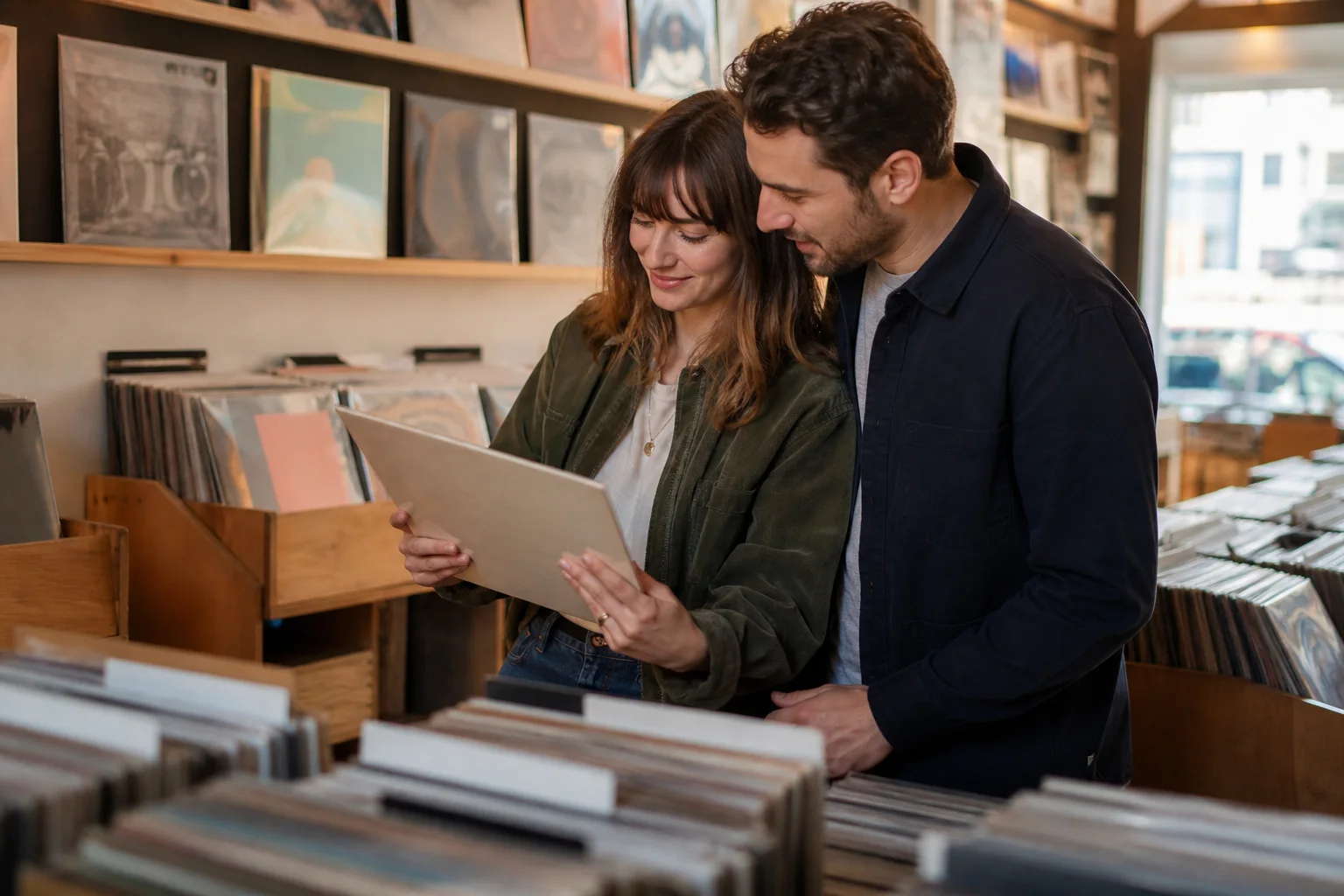 Engaged couple choosing records together during a shared-hobby photo session