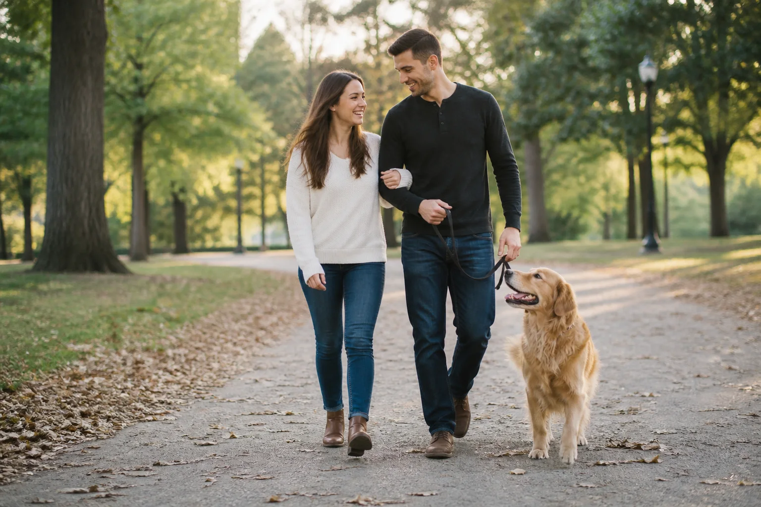 Engaged couple walking their dog together during a relaxed outdoor photo session