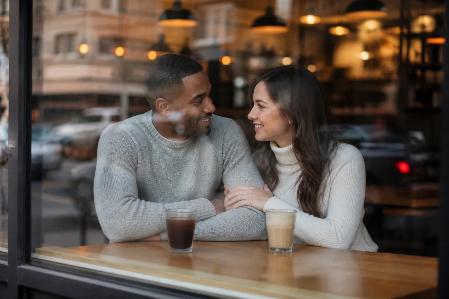 Engaged couple talking over drinks beside the window of a favorite cafe