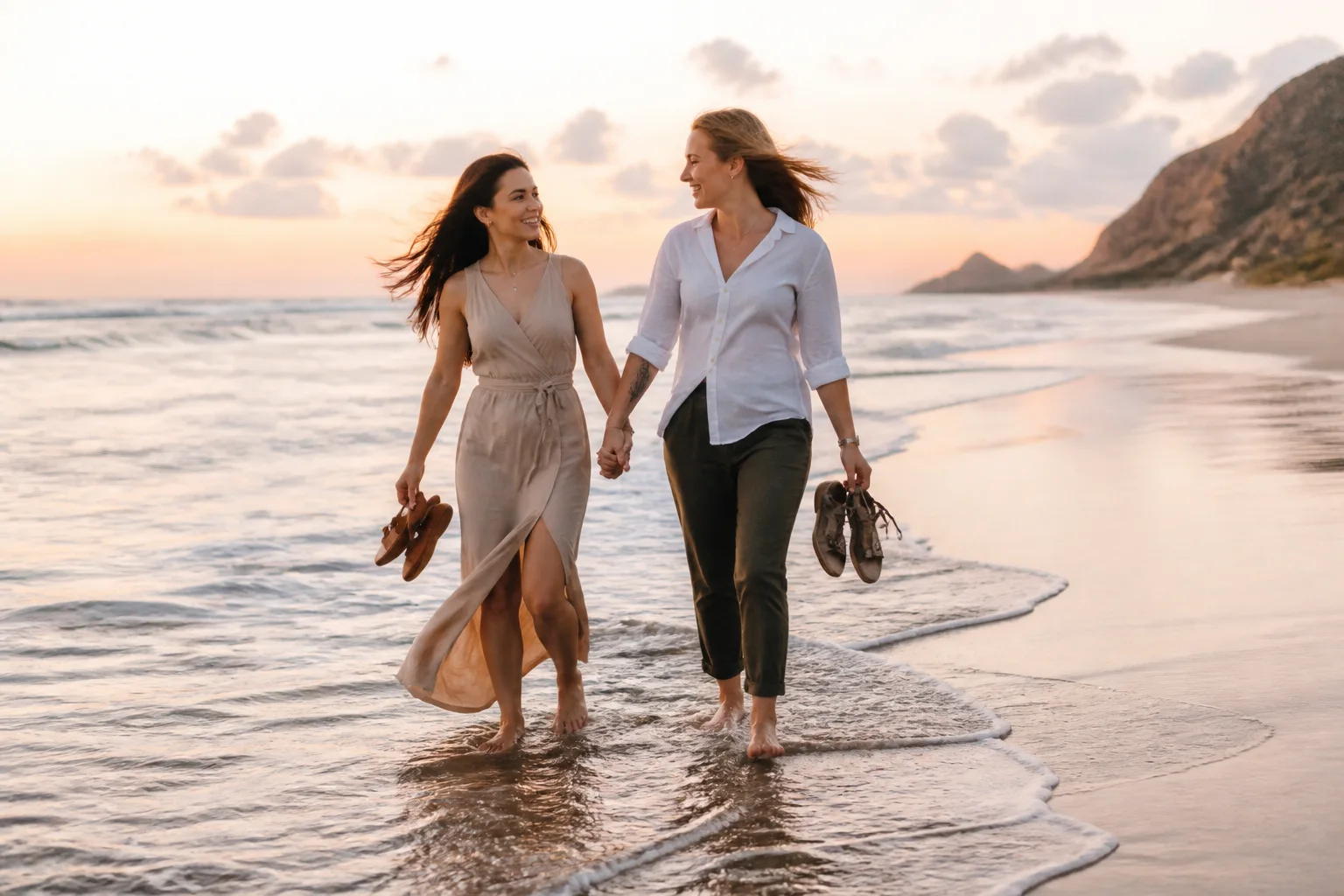 Engaged couple walking barefoot together at the edge of the ocean near sunset