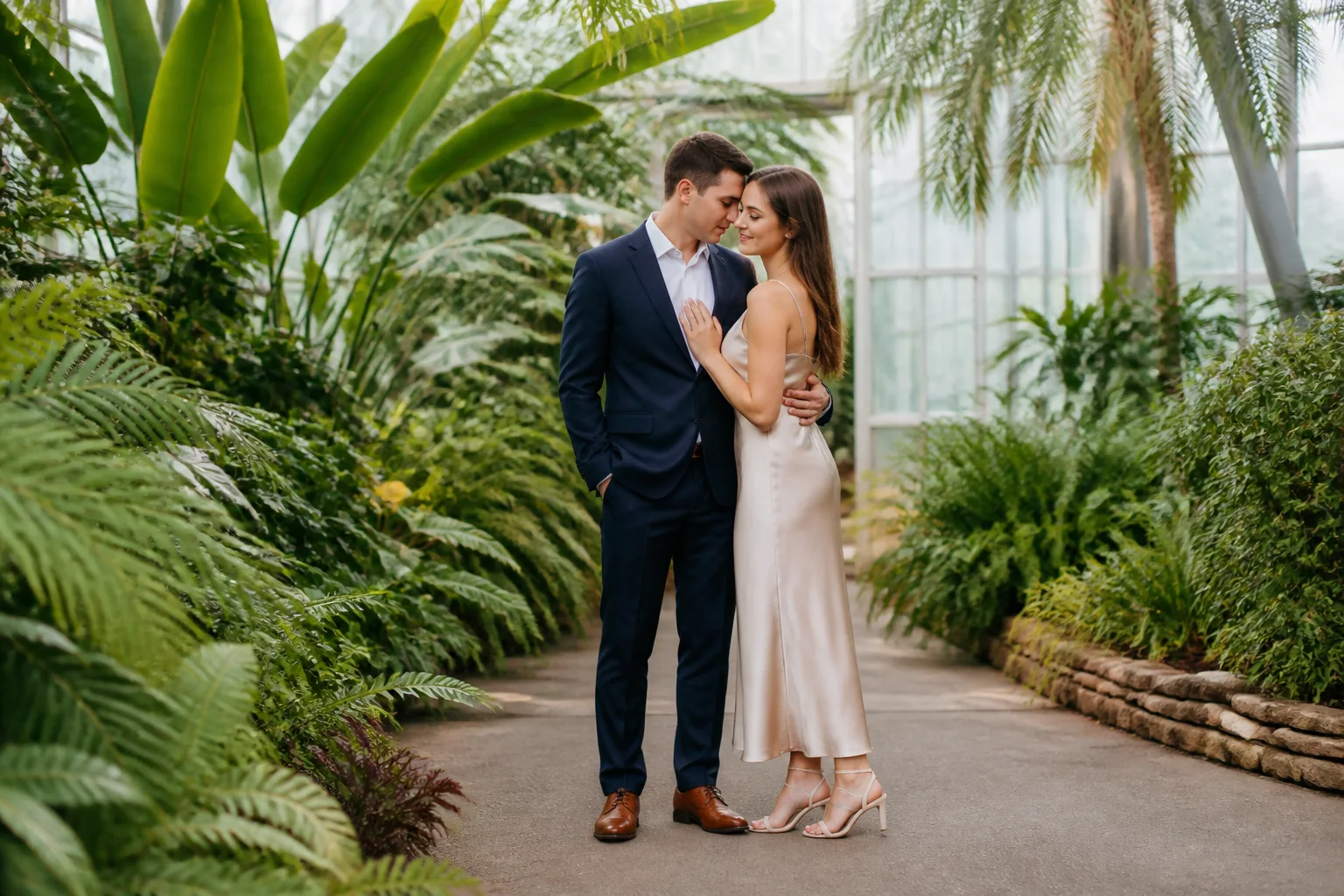 Engaged couple sharing a quiet moment inside a lush botanical greenhouse