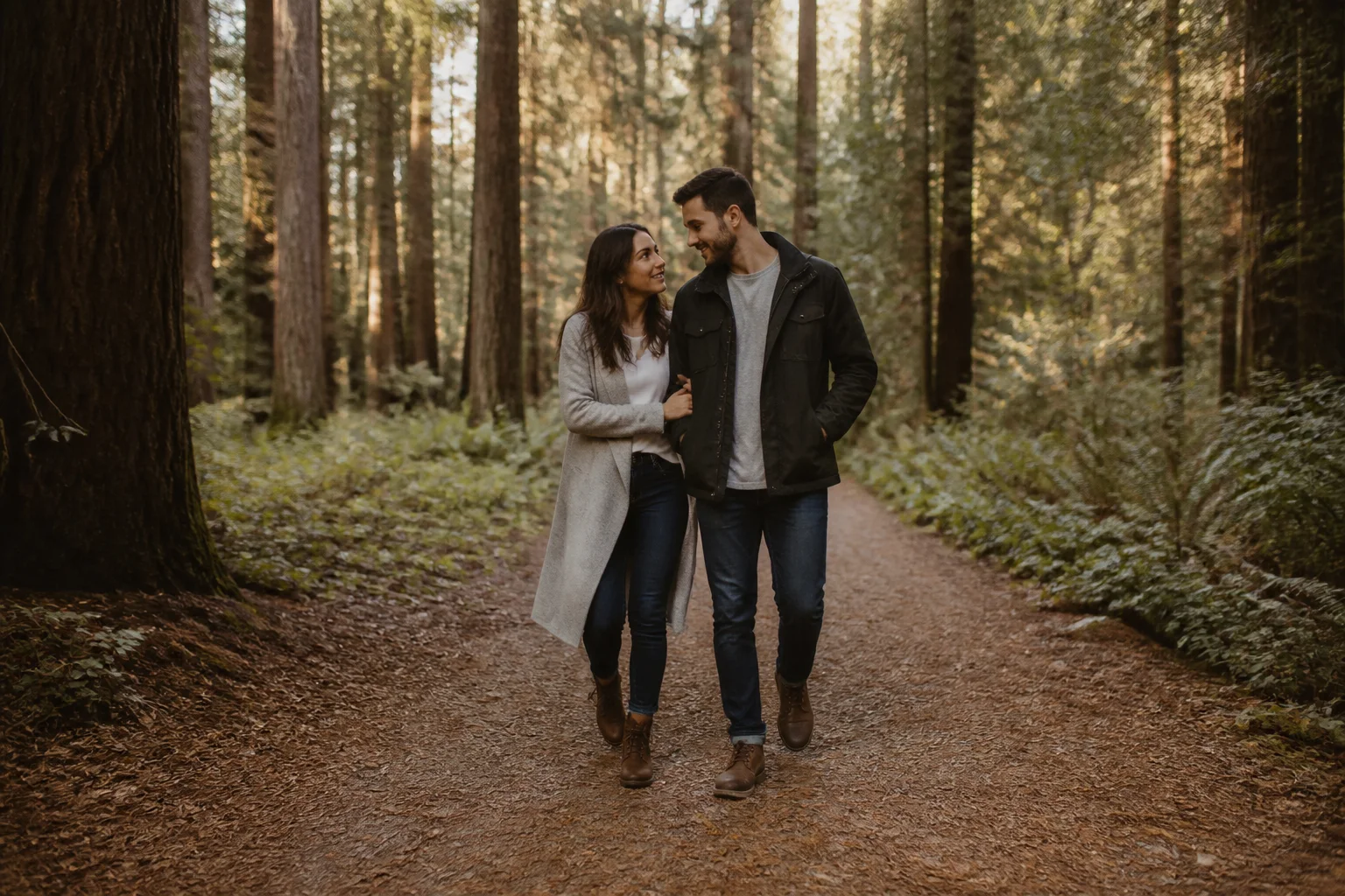Engaged couple walking closely together on a softly lit forest trail