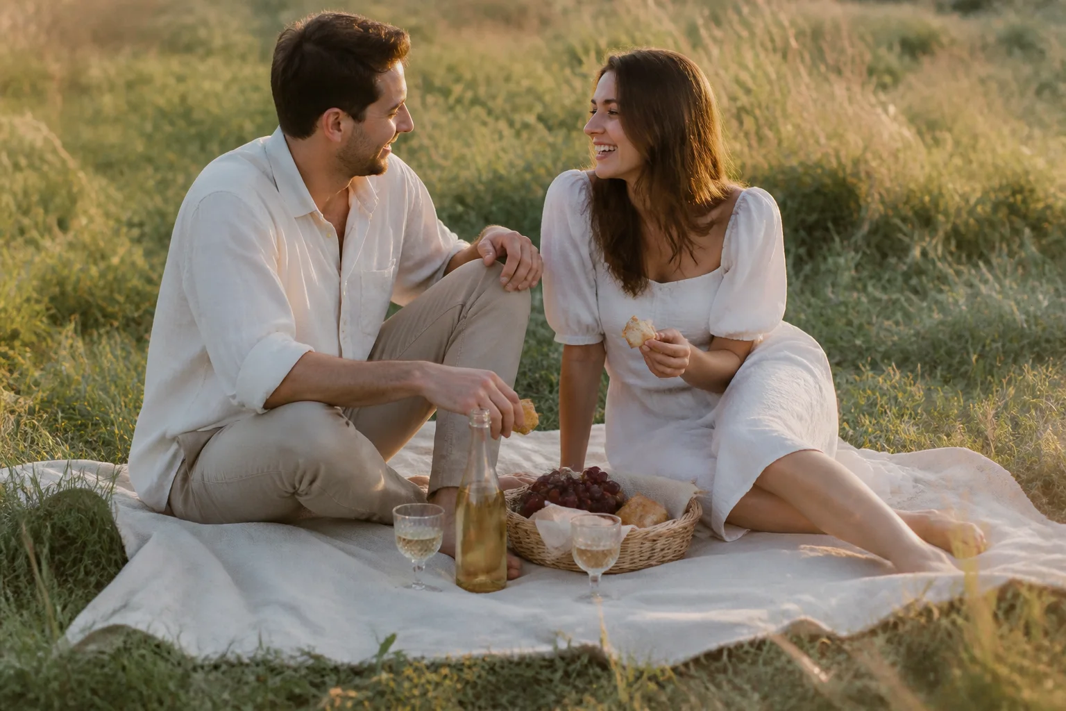 Engaged couple enjoying a simple picnic on a blanket in a sunlit meadow