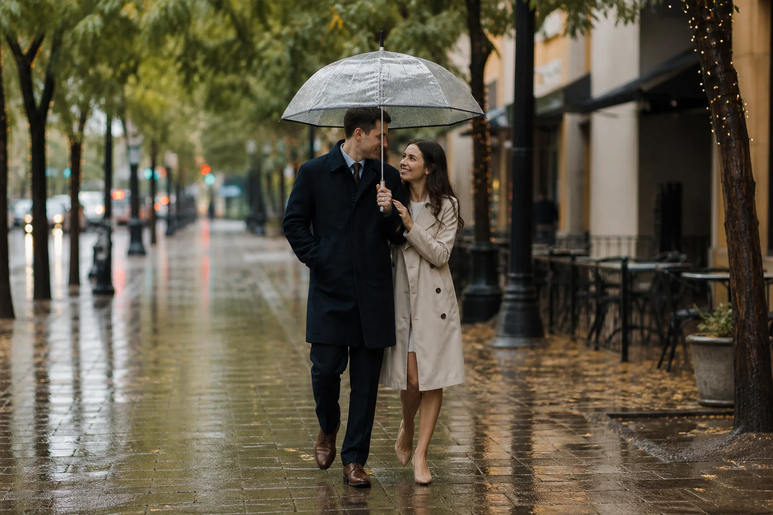 Engaged couple walking beneath a clear umbrella during a gentle rainy-day photo session