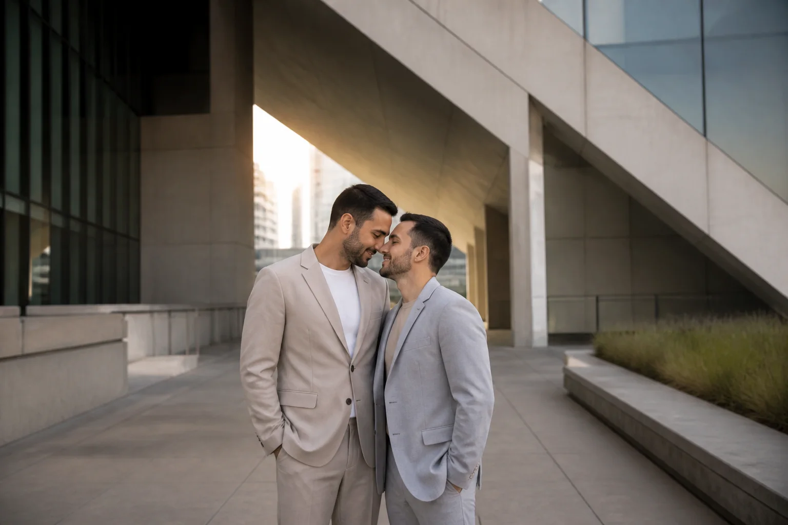 Engaged couple posing within the clean lines of modern city architecture