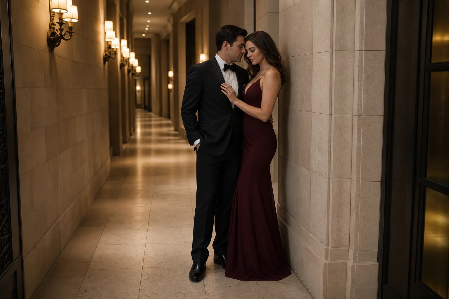 Elegantly dressed engaged couple posing for a refined editorial-style city portrait