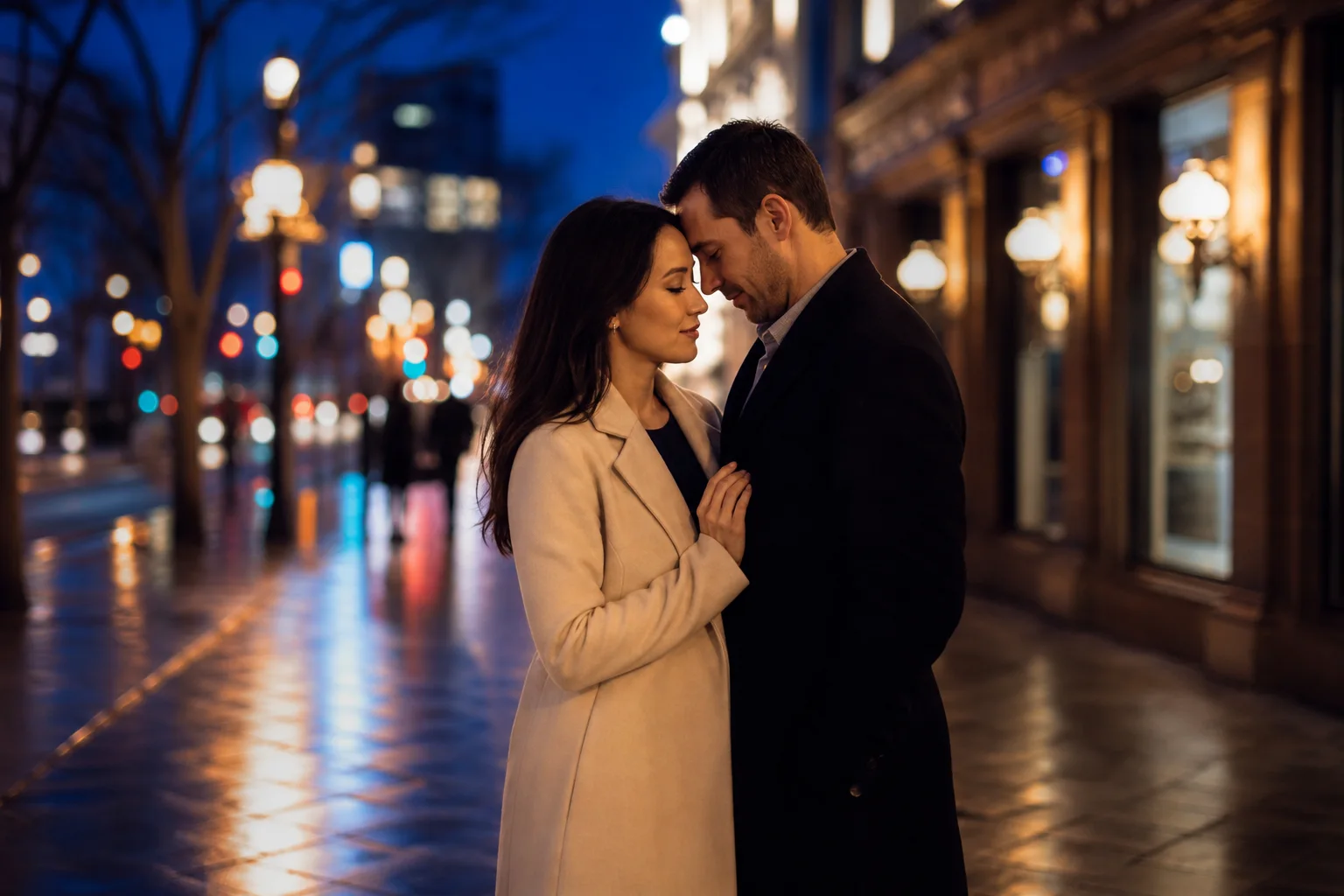 Engaged couple standing beneath city lights during a blue-hour portrait session