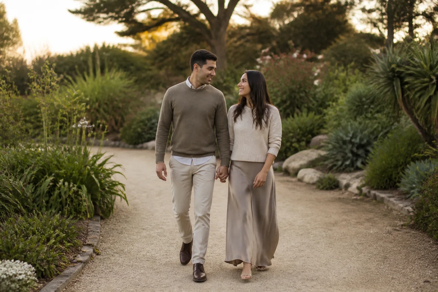 Engaged couple smiling at each other while walking and talking naturally
