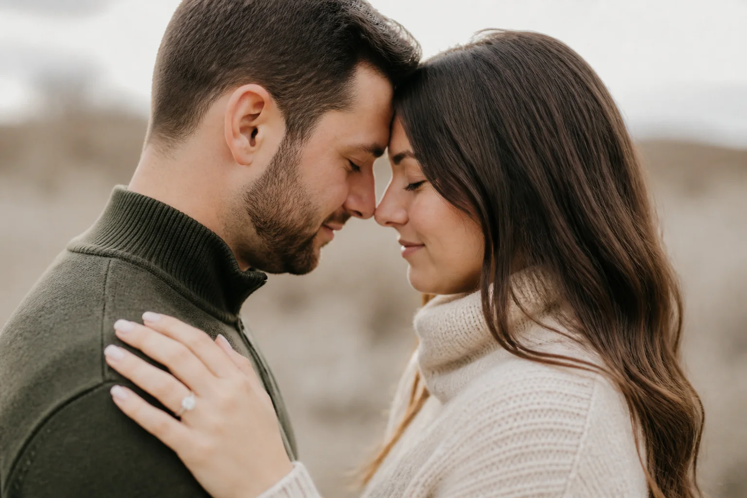 Engaged couple resting their foreheads together in a quiet close portrait