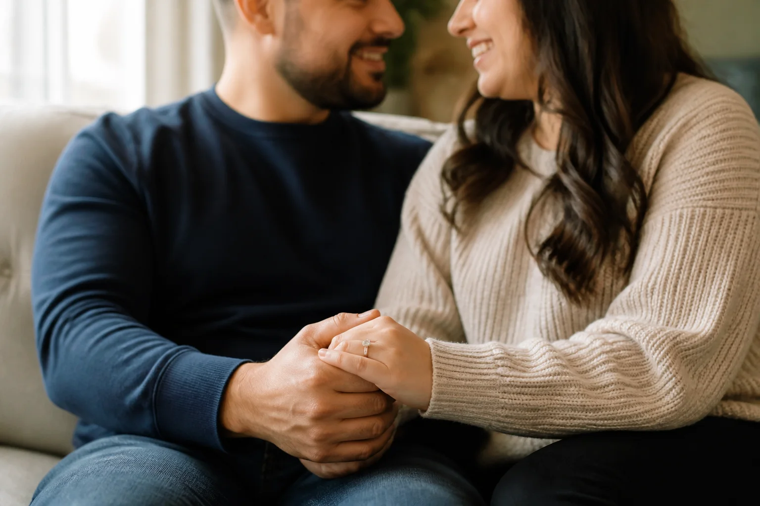 Close engagement portrait showing a ring naturally while the couple holds hands