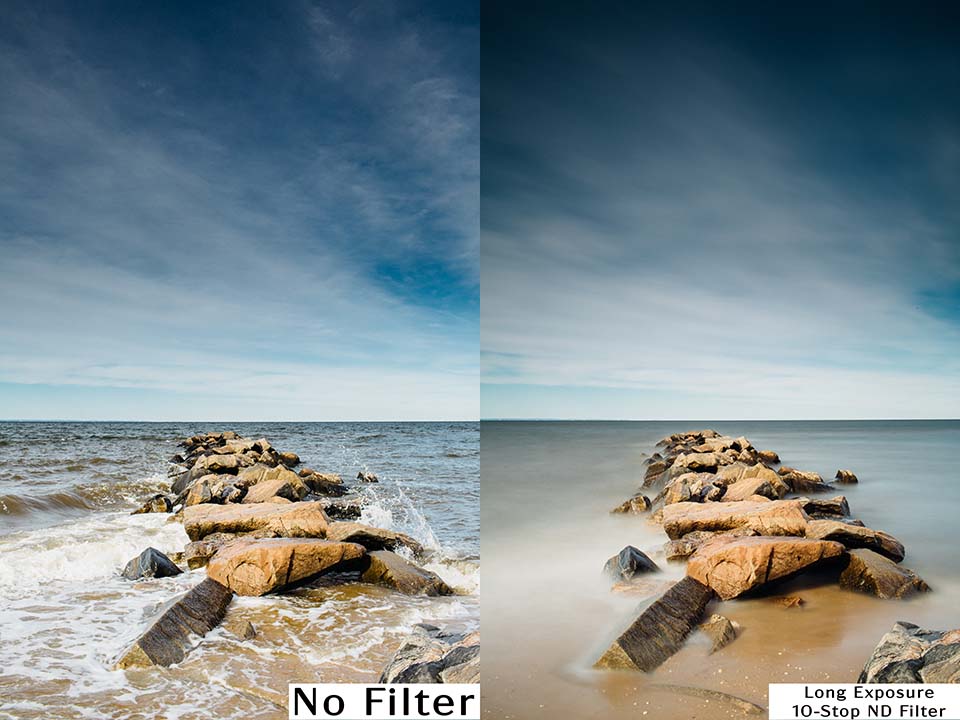 Rocky seascape shown without a filter and with a 10-stop ND filter producing smooth long-exposure water