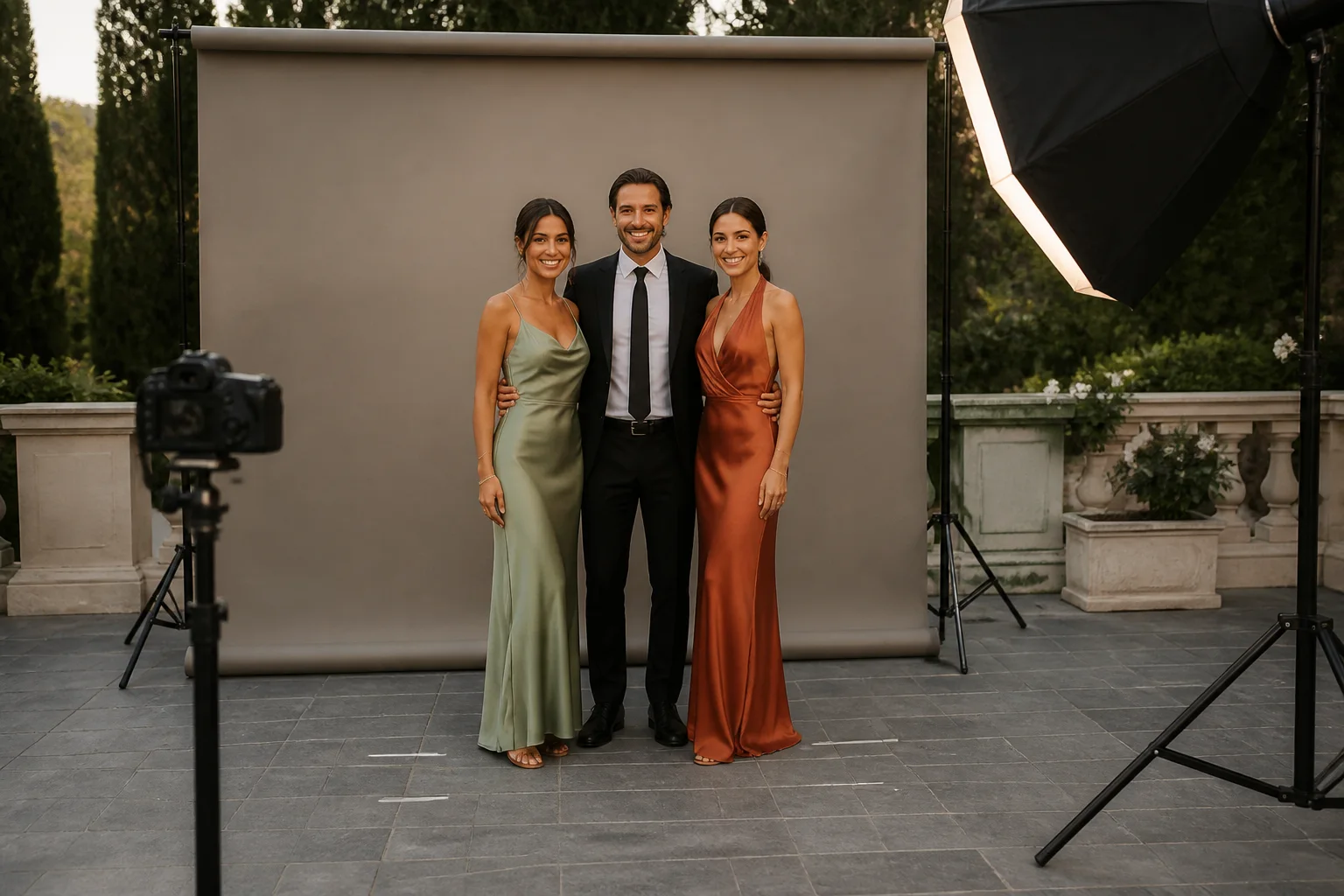 Three wedding guests posing at a clean open-air portrait station with a neutral backdrop, camera, and soft light