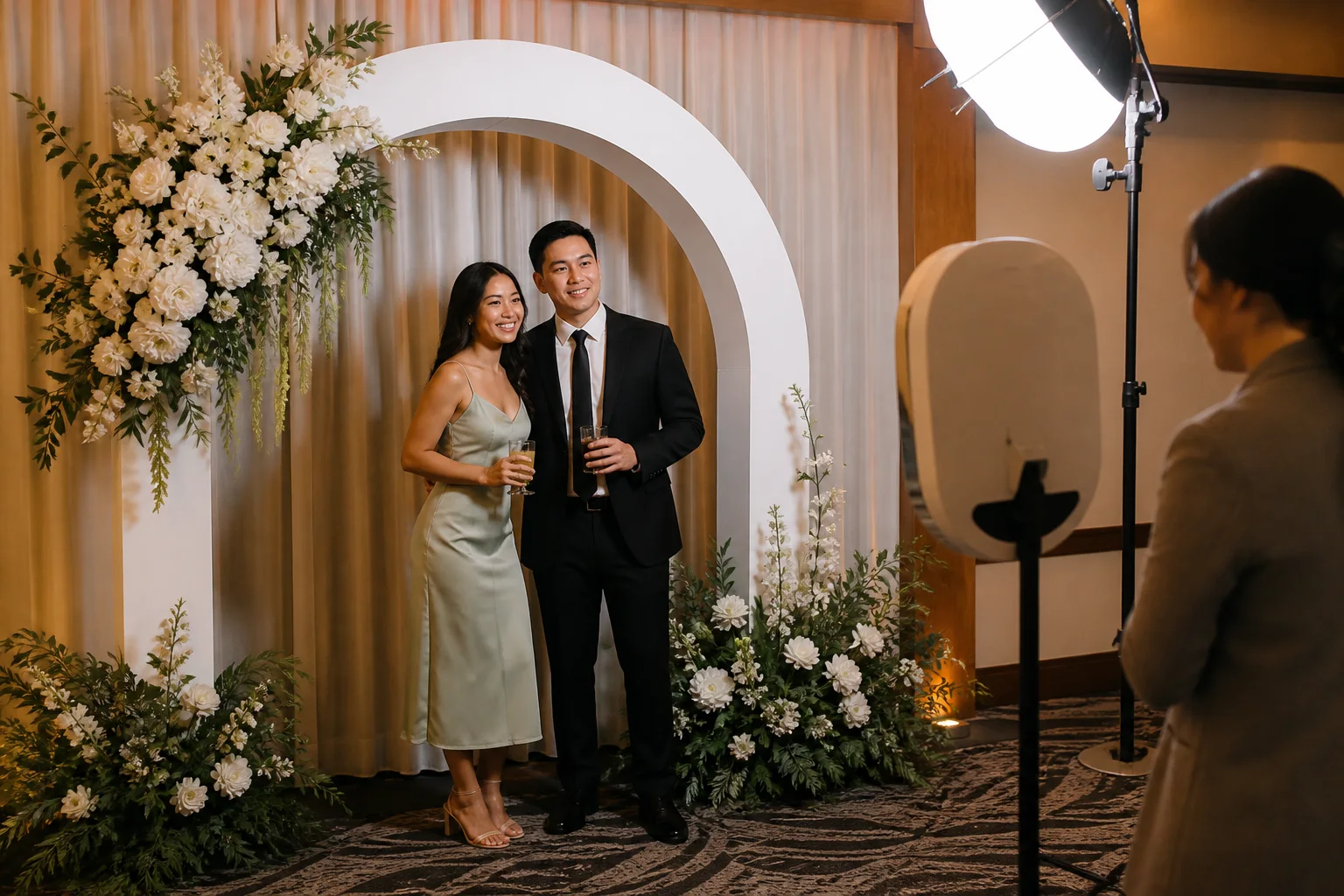 Wedding guests posing in front of a relocated ceremony arch used as a reception photo booth backdrop