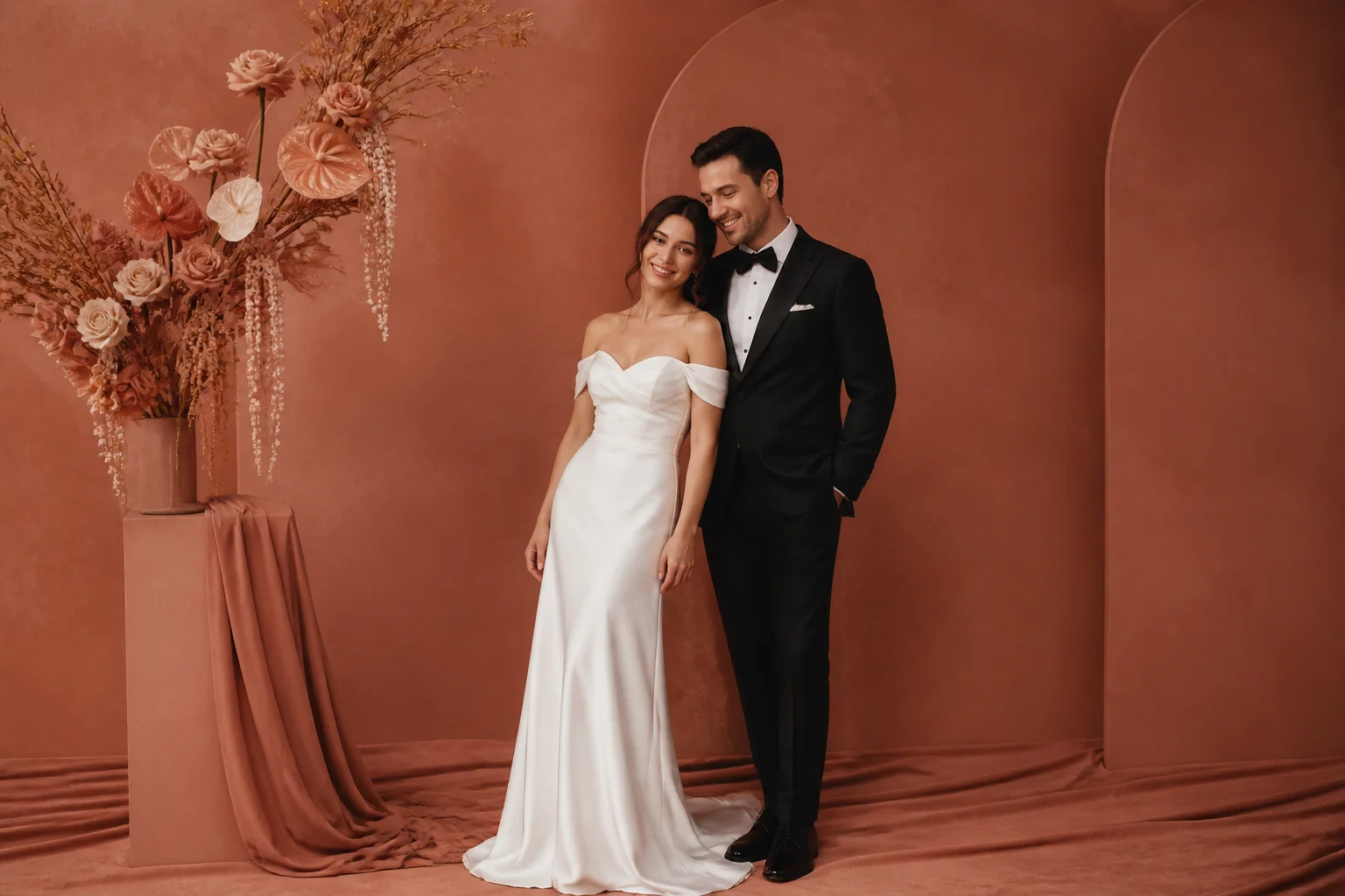 Wedding couple posing against a terracotta monochrome wall with one sculptural floral arrangement