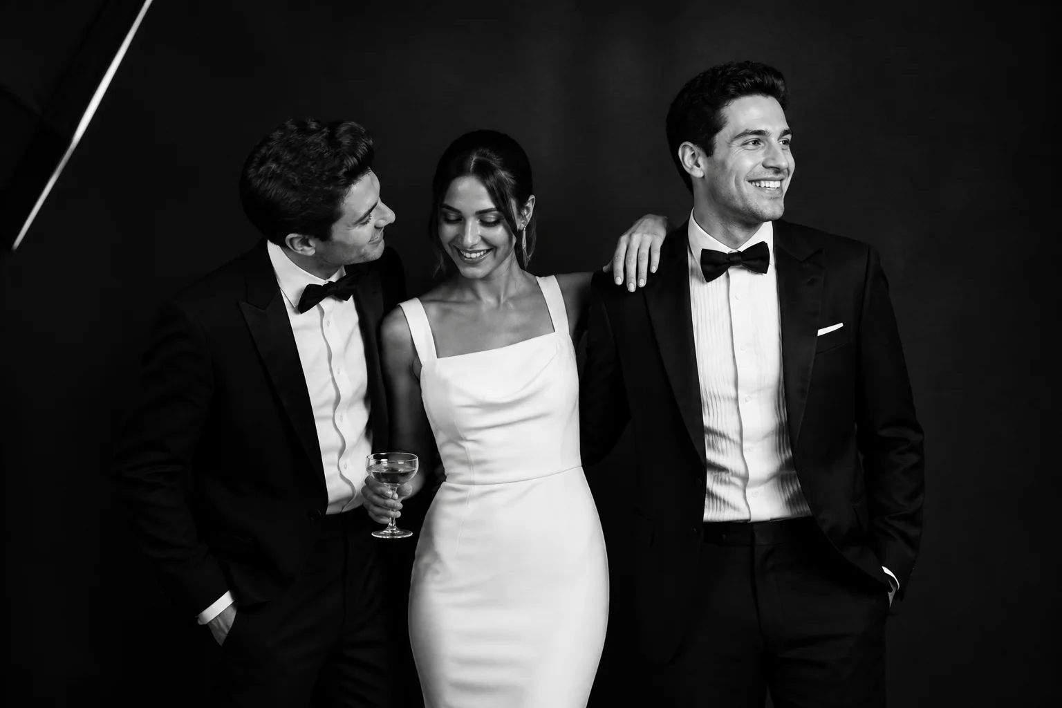 Three wedding guests photographed in an editorial black-and-white portrait studio