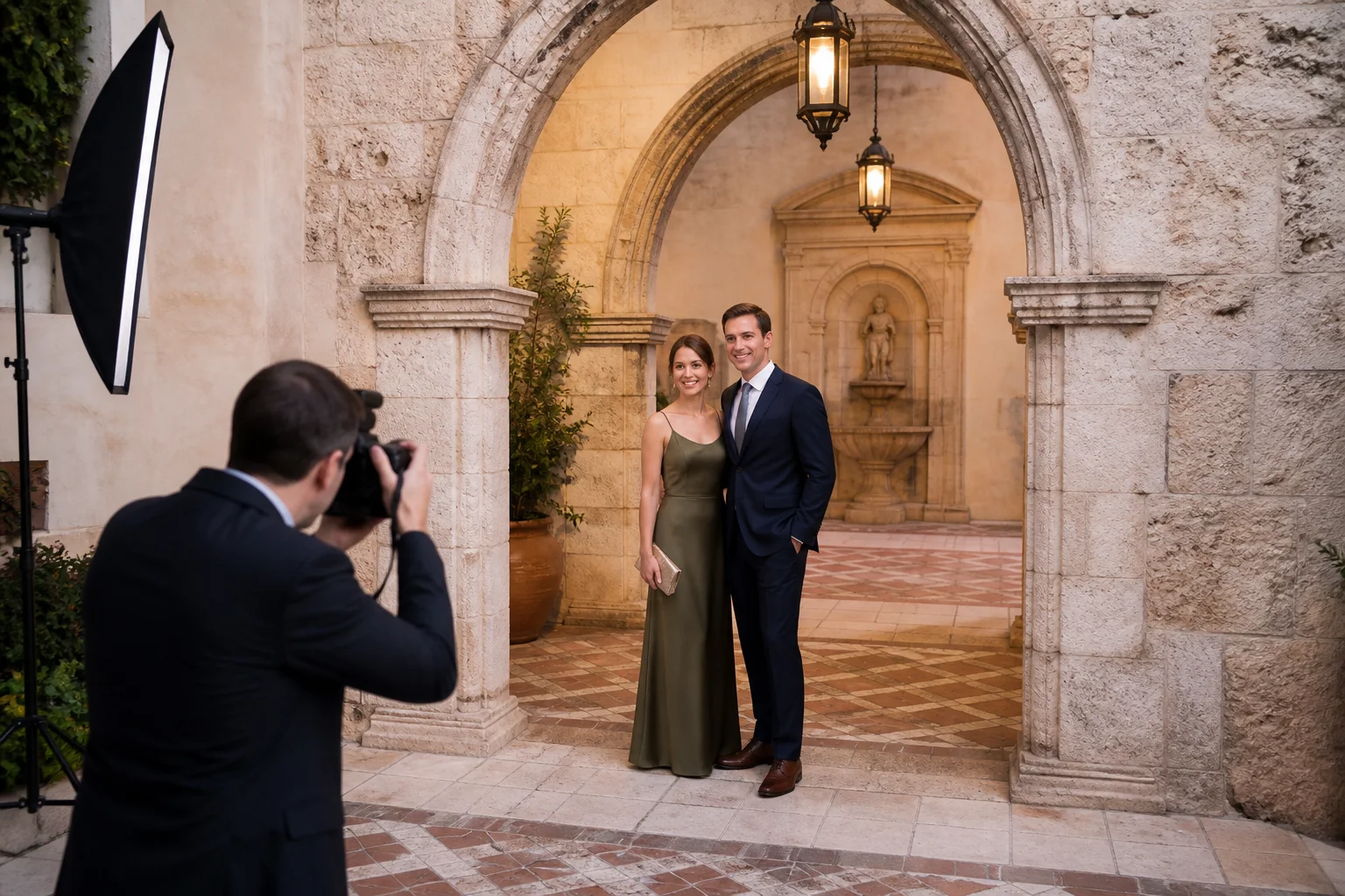 Wedding guests posing beneath a stone archway used as a venue-focused portrait setting