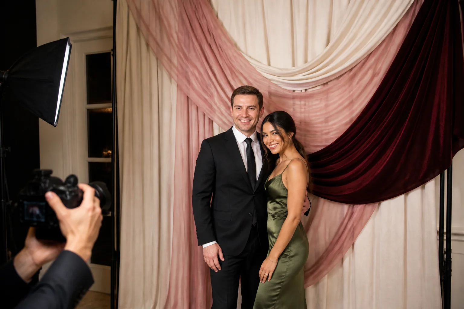 Wedding guests posing before a layered ivory, blush, and burgundy fabric backdrop