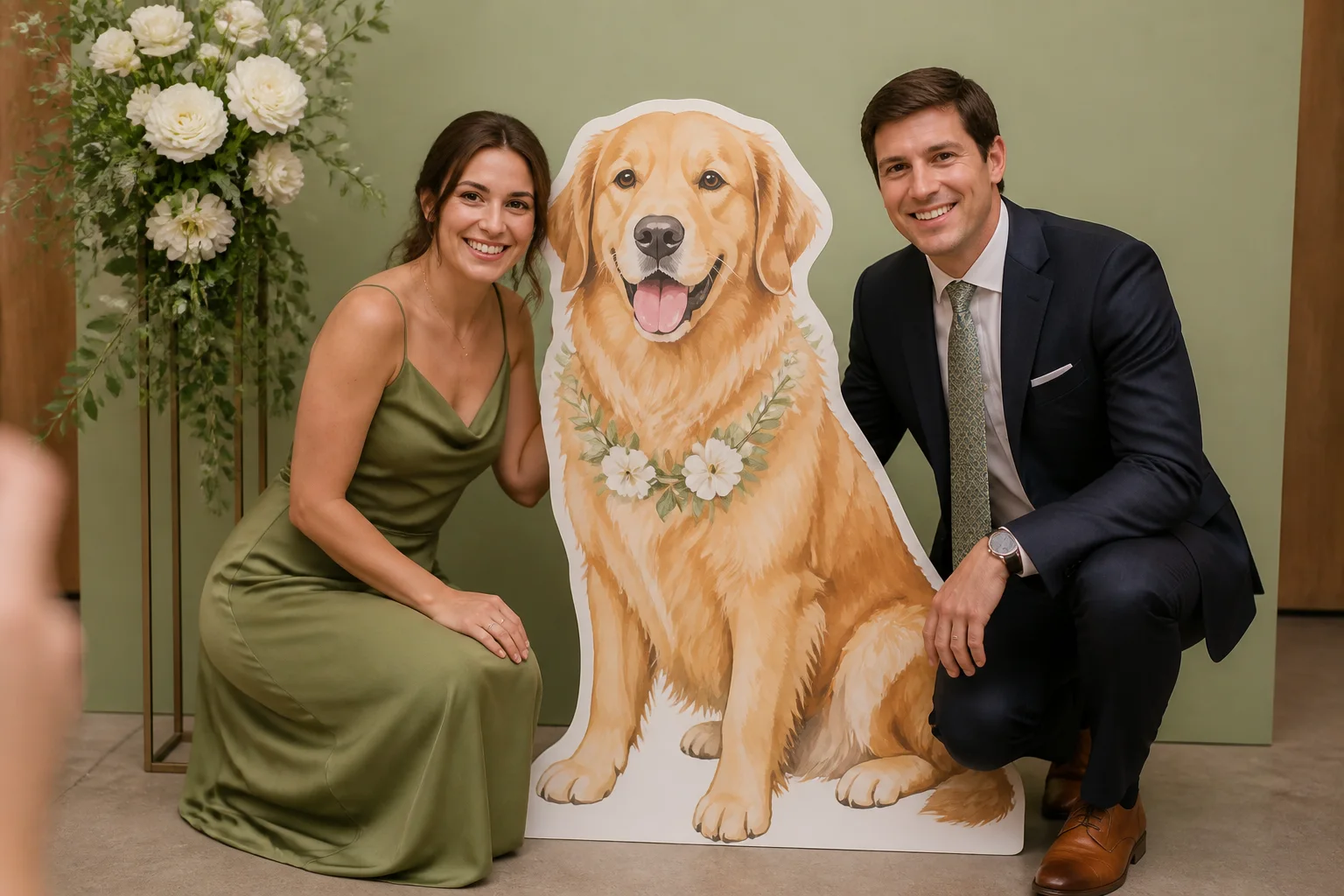 Wedding guests posing beside an illustrated golden retriever cutout at a pet cameo photo booth
