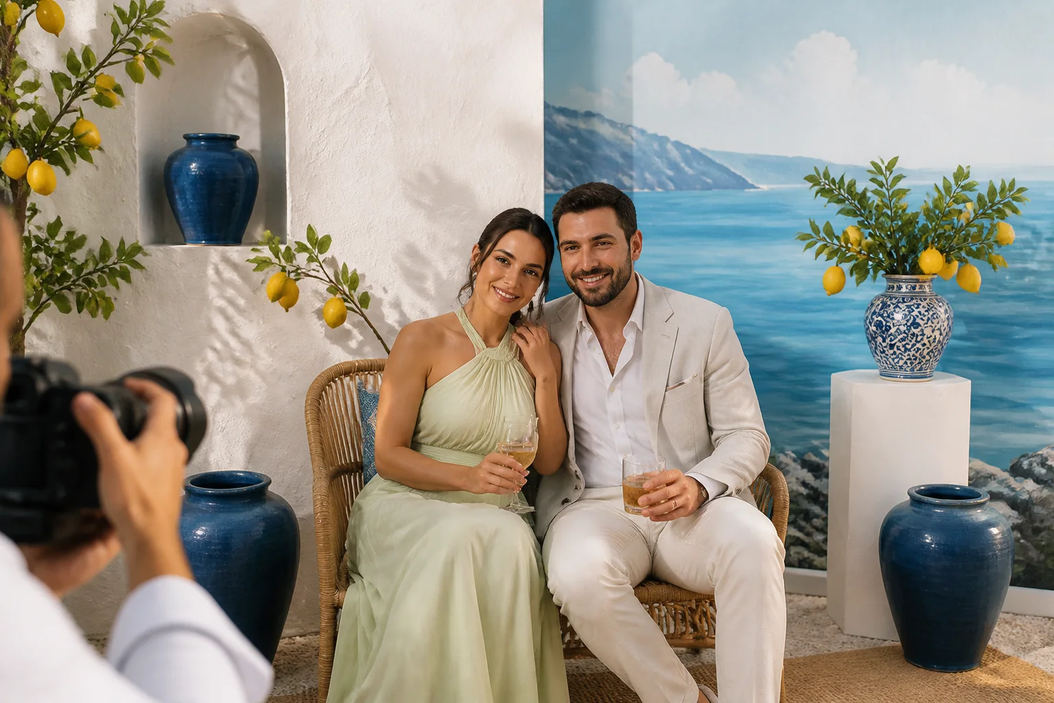 Wedding guests posing in a Mediterranean destination-inspired photo booth set