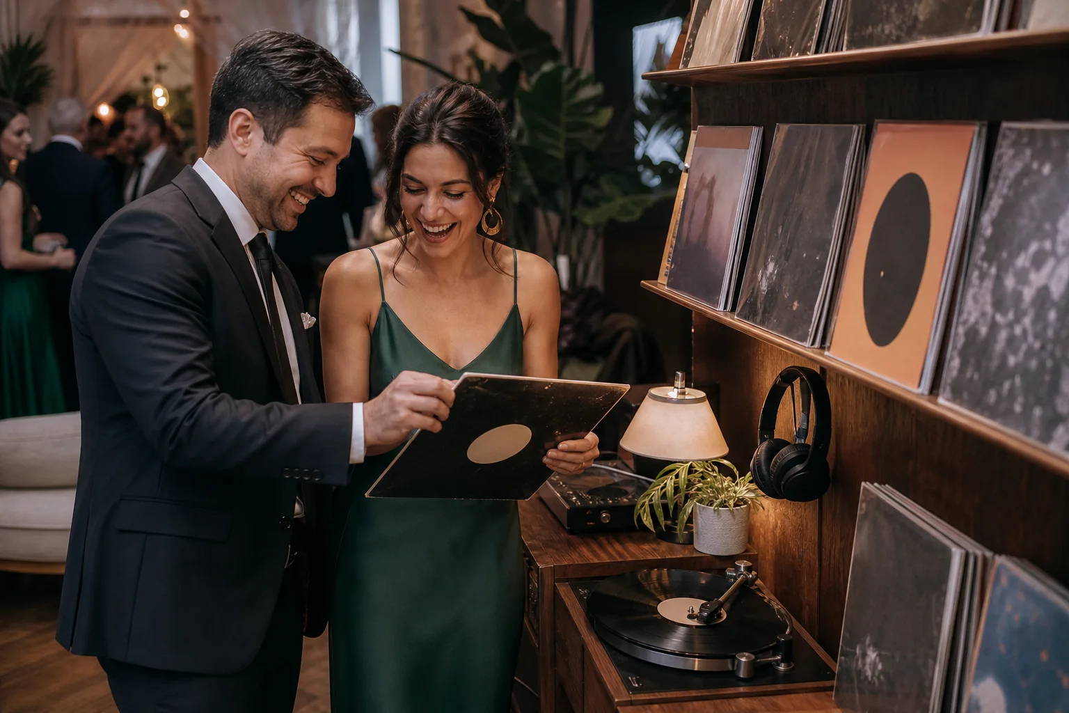 Wedding guests enjoying a record-listening lounge designed around a shared hobby