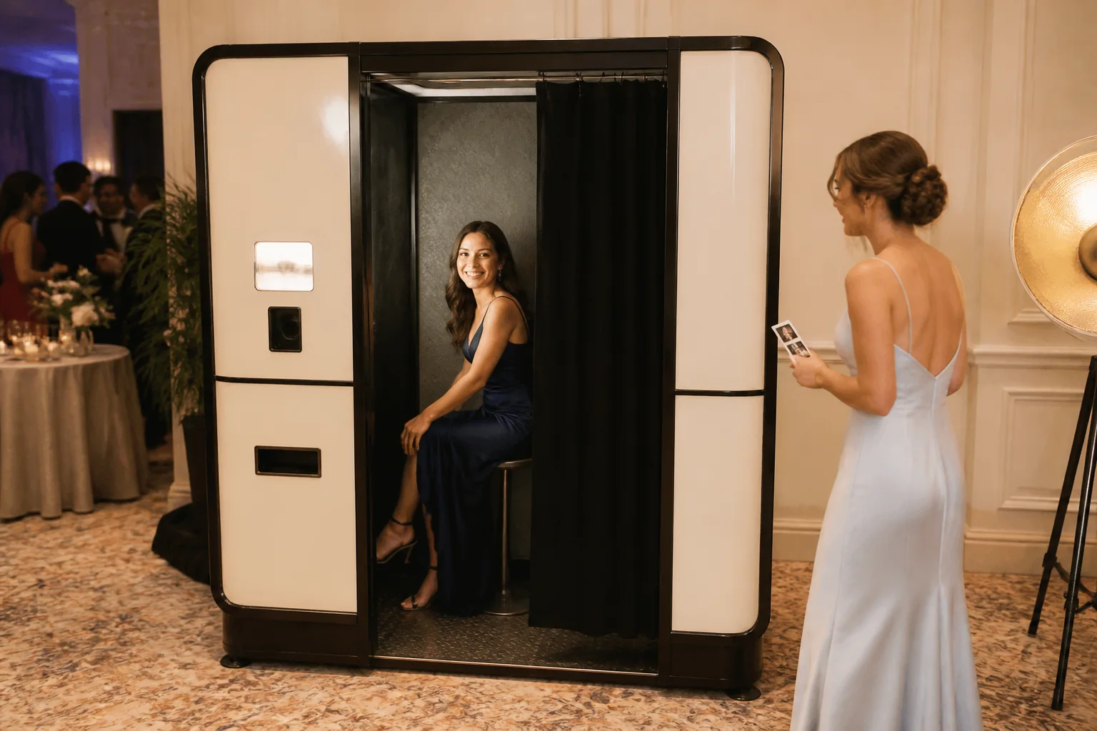 Guest seated inside a classic enclosed wedding photo booth while another waits with a photo strip