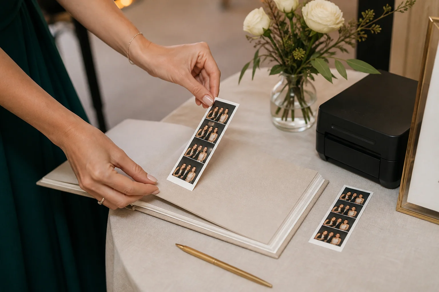 Guest placing one of two matching photo strips into a linen wedding guest book
