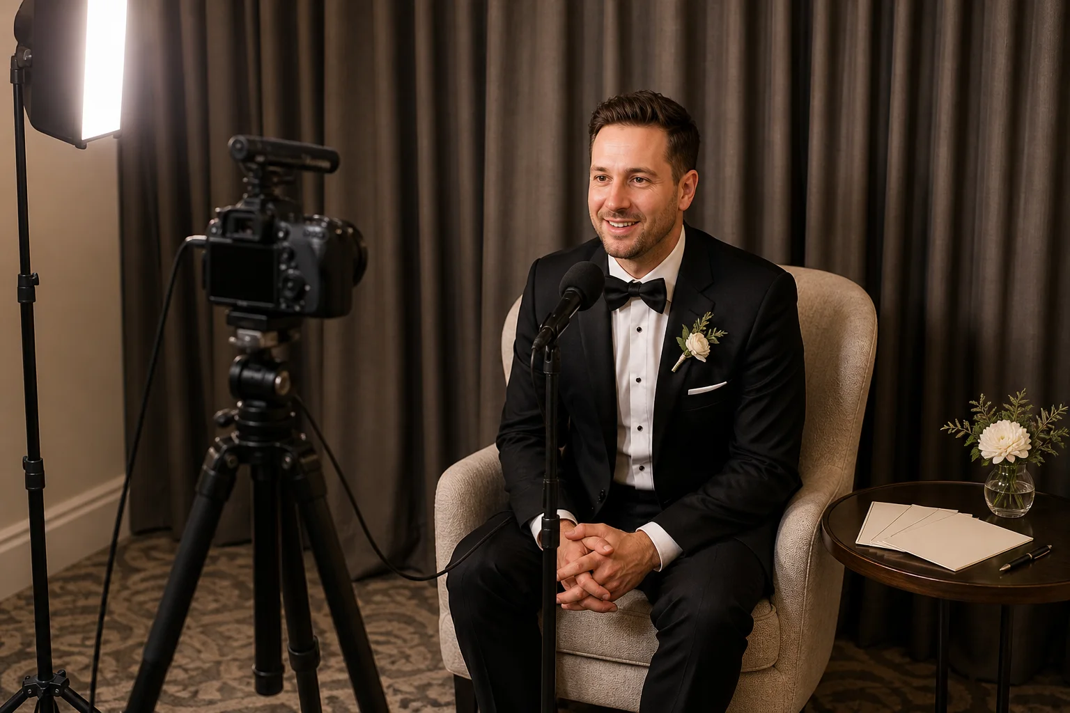 Wedding guest recording a quiet video message with a camera, microphone, and soft light
