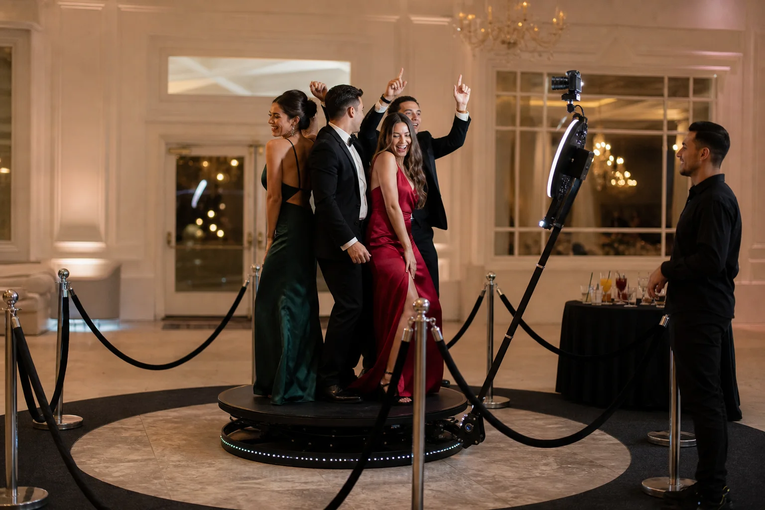 Wedding guests using a supervised 360-degree video platform with a clear safety perimeter