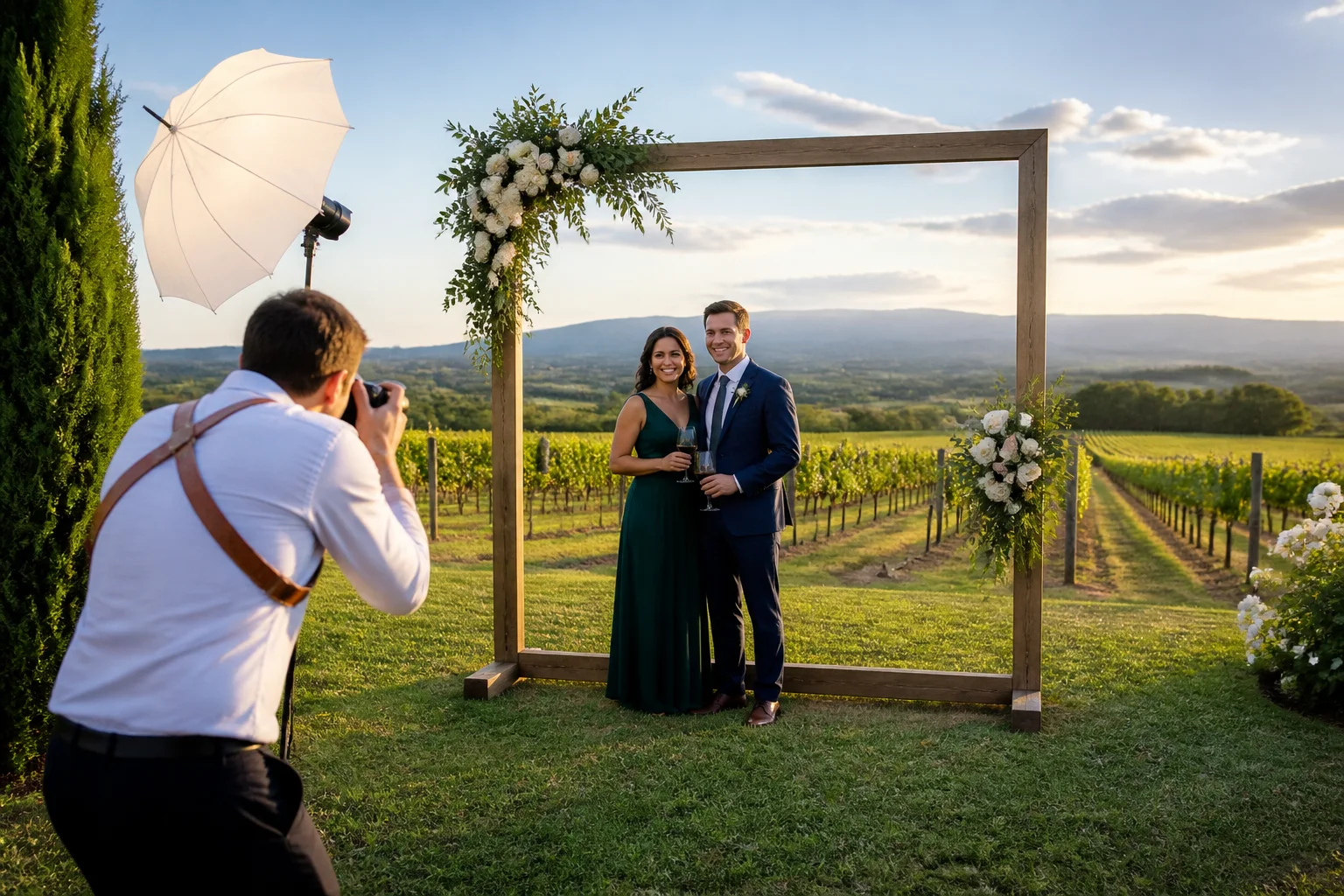 Wedding guests posing in a freestanding portrait frame overlooking a vineyard and hills