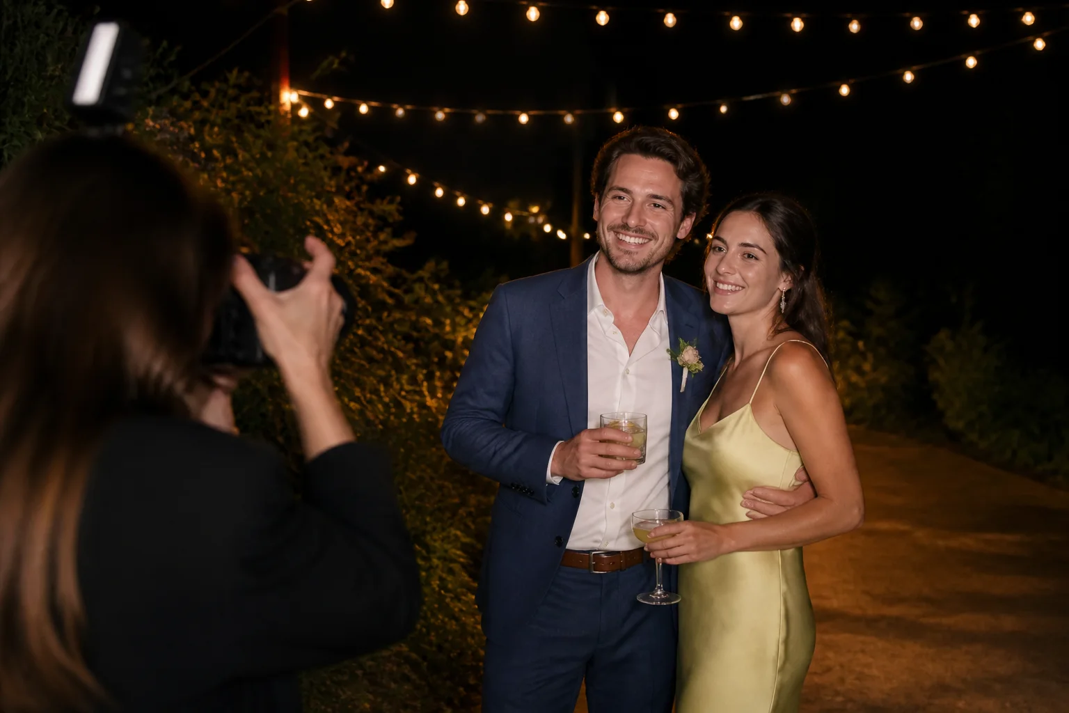 Wedding guests photographed outdoors at night beneath warm string lights and a soft key light