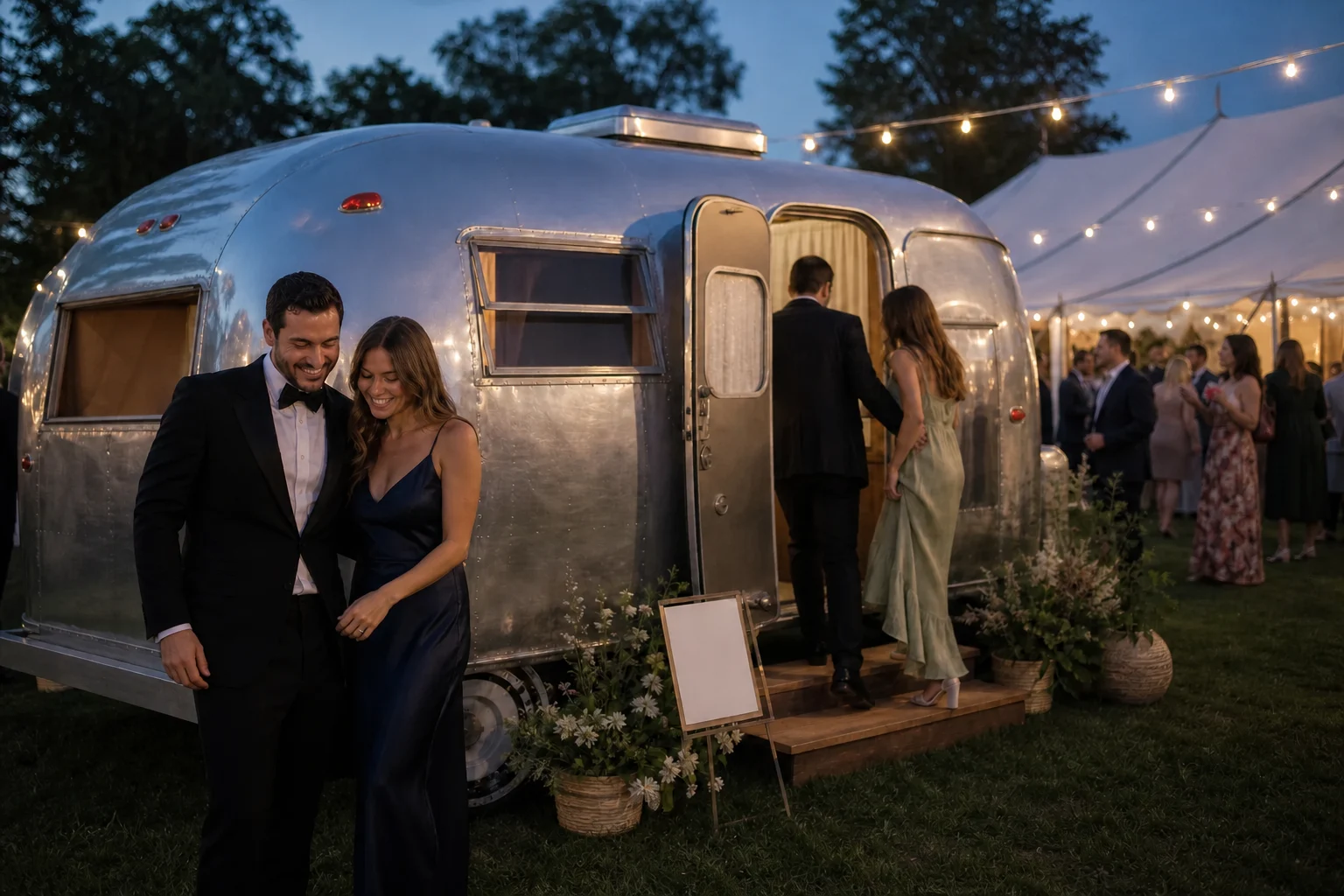 Silver vintage camper used as a photo booth at an outdoor wedding reception at dusk
