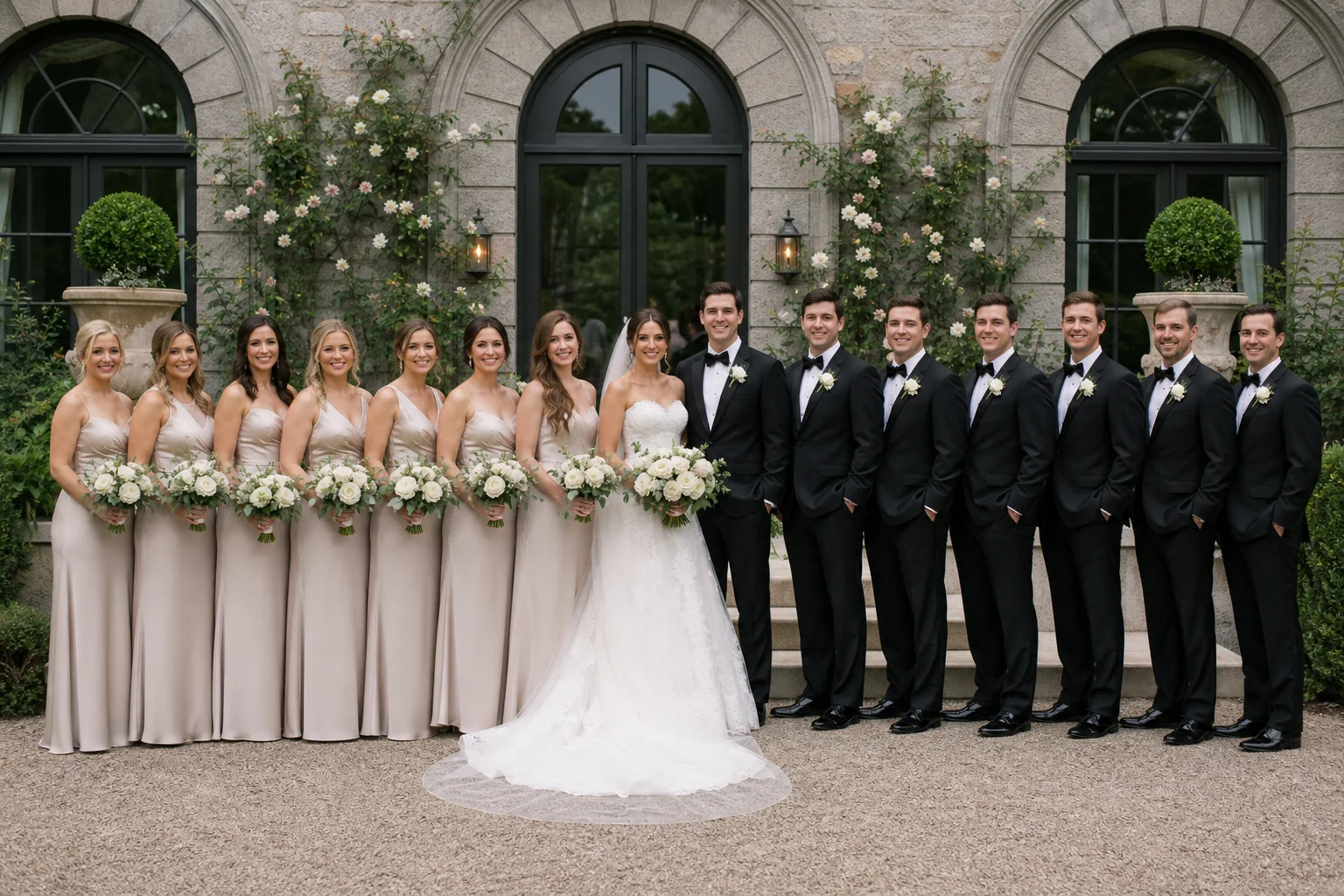Formally arranged wedding party portrait demonstrating classic wedding photography