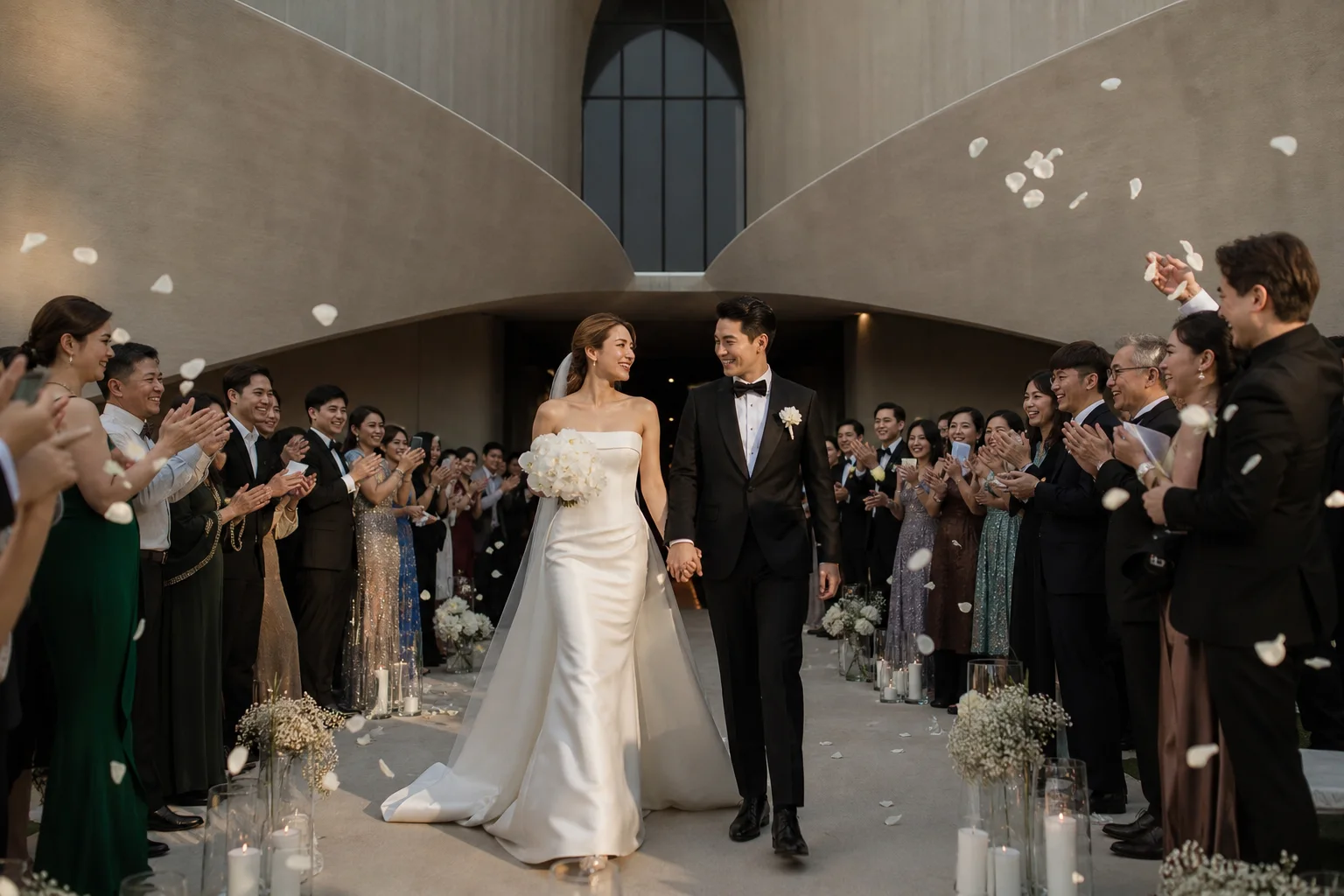 Fashion-directed portrait of newlyweds in an elegant architectural wedding venue