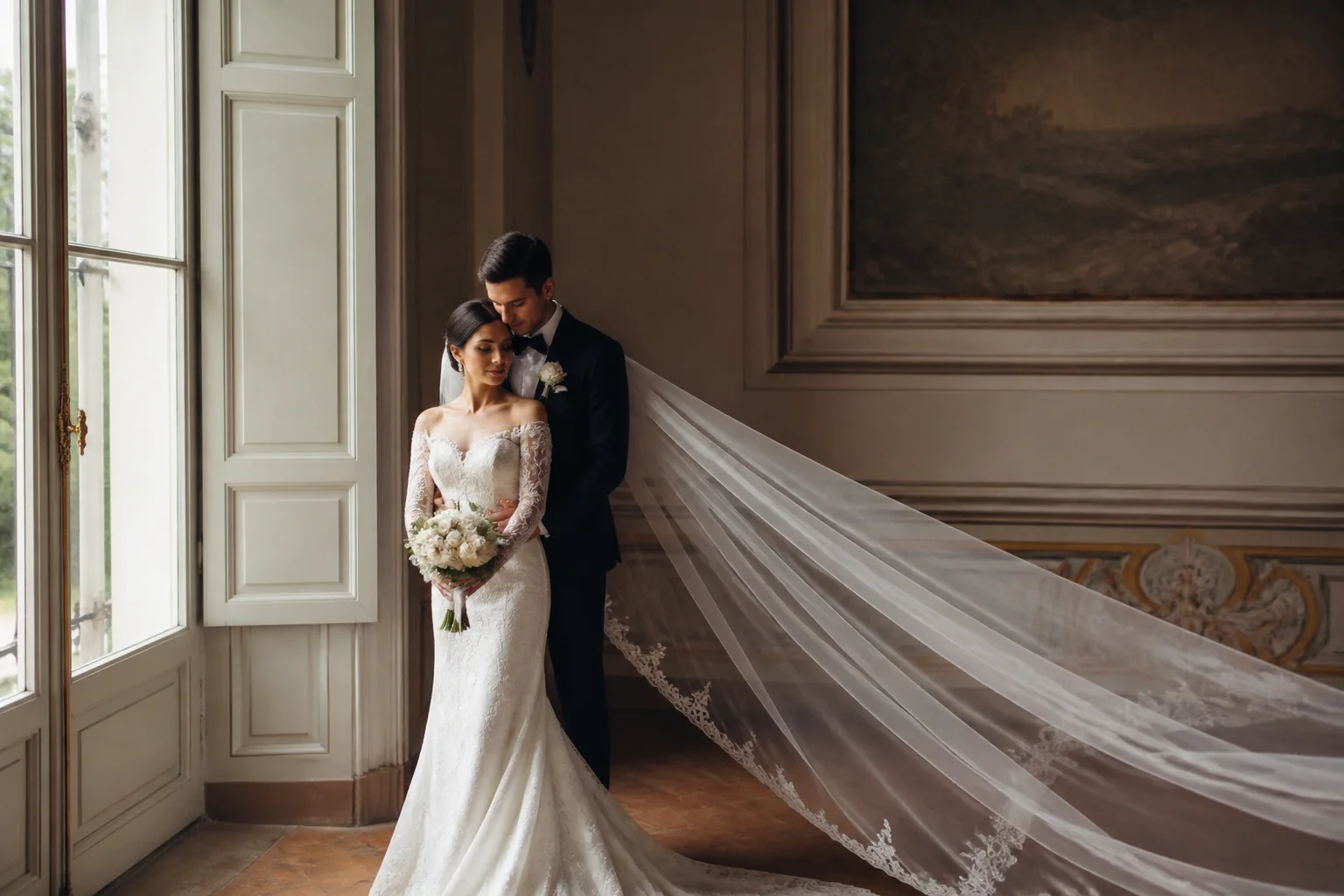 Painterly fine-art wedding portrait with soft light and carefully composed negative space