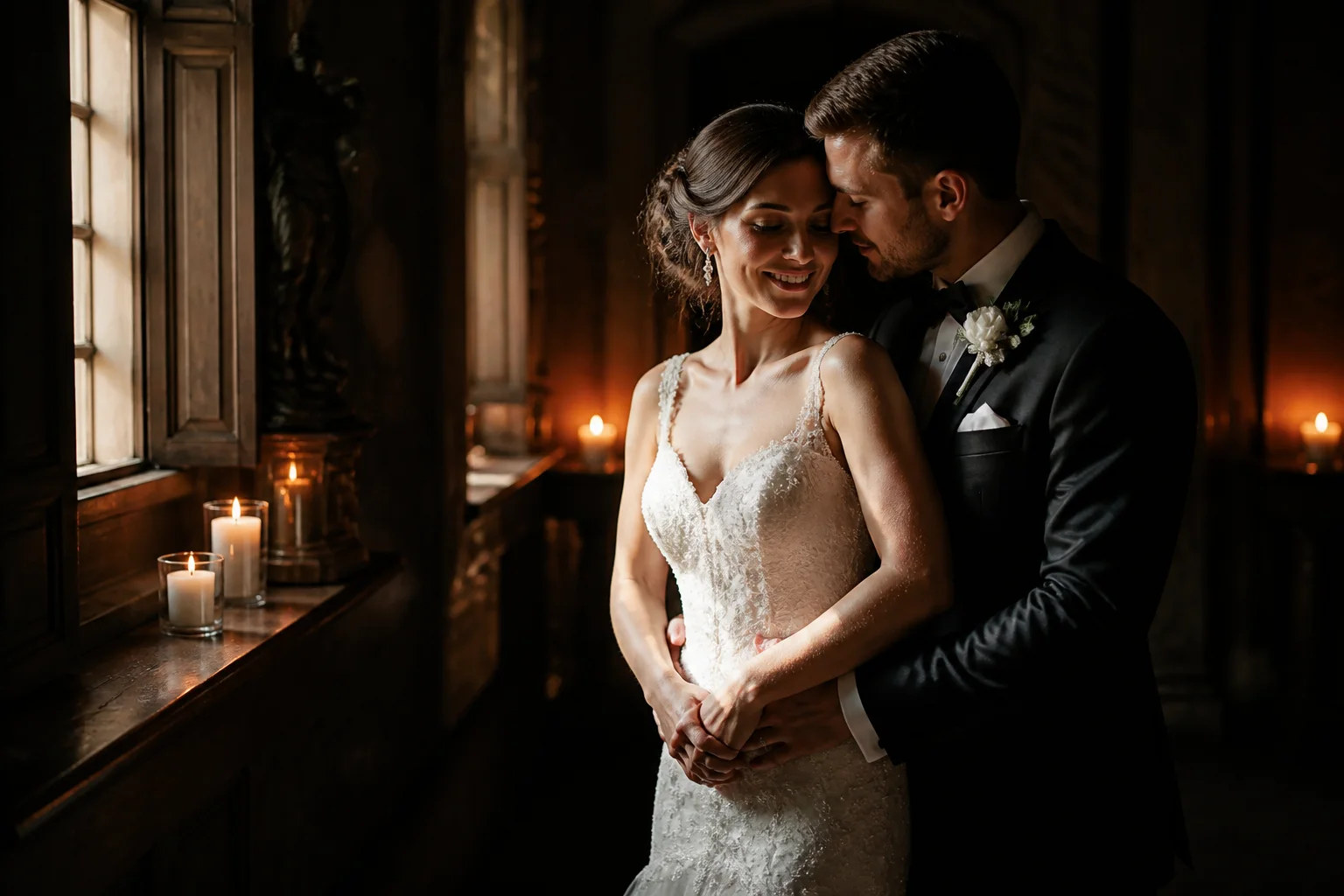 Dark-and-moody wedding portrait using deep shadows and warm directional light