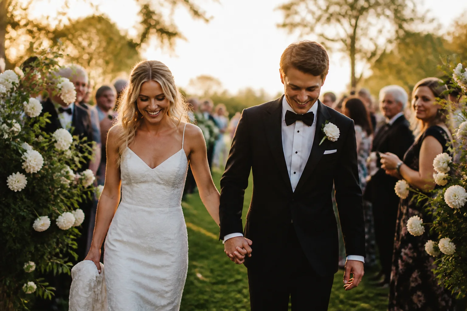 Film-inspired outdoor wedding portrait with gentle grain and soft highlight color