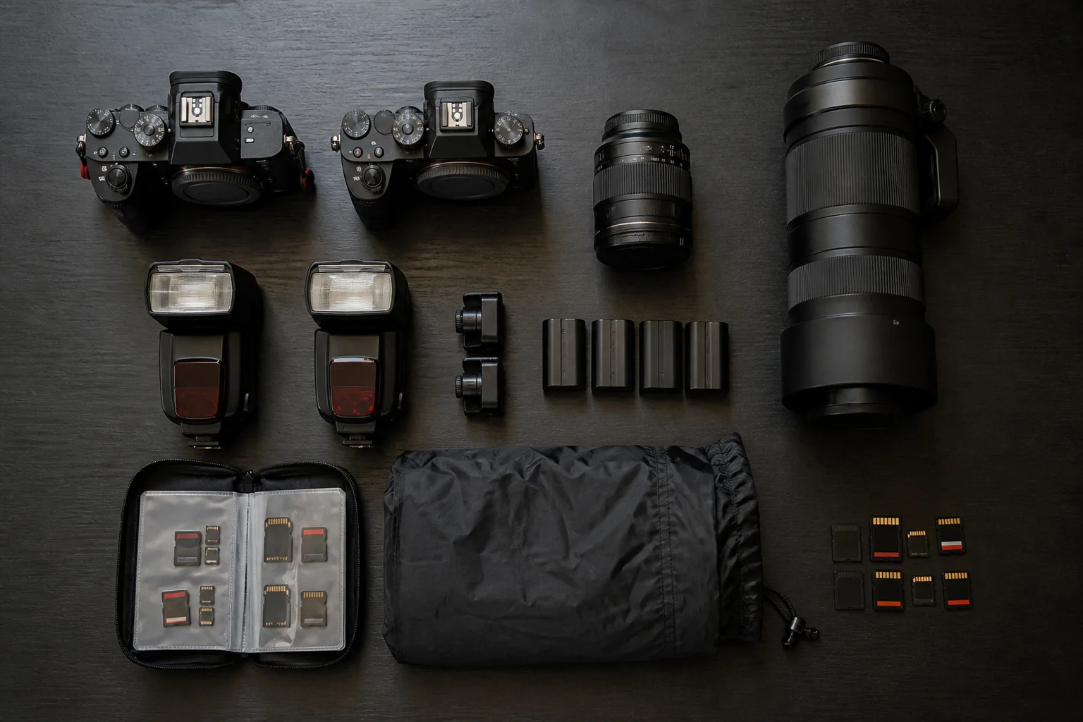 Two camera bodies, lenses, flashes, batteries and memory cards prepared for a wedding