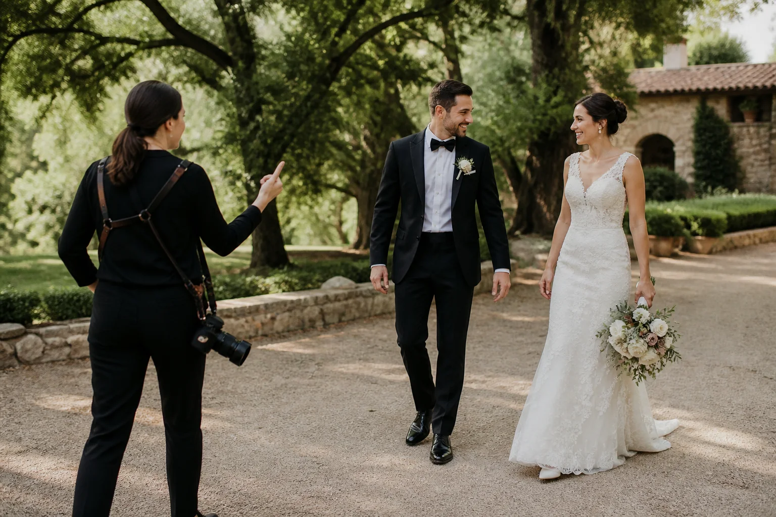Photographer gently directing a relaxed wedding couple portrait outdoors