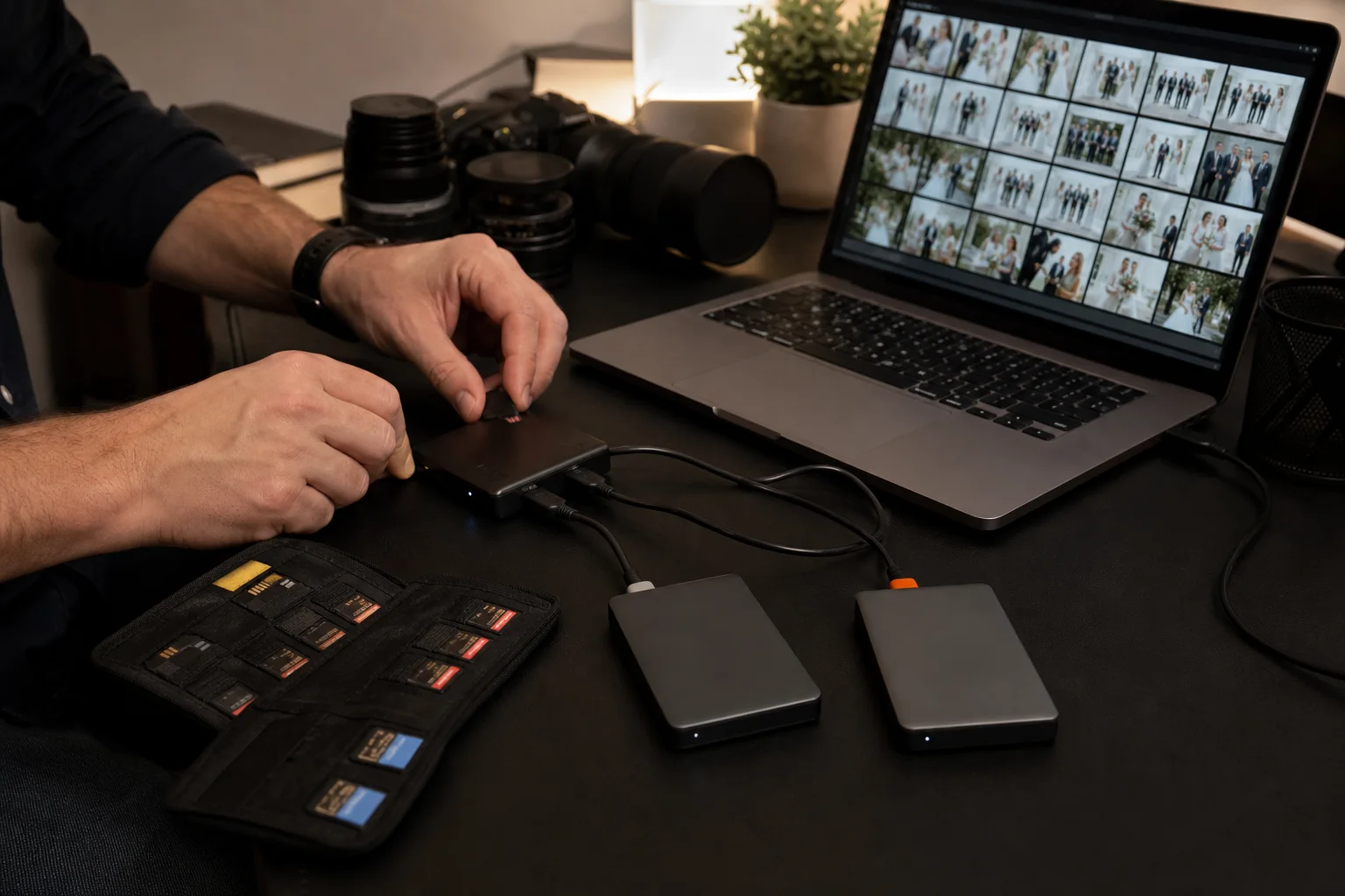Wedding photography files being backed up from labeled memory cards to separate drives